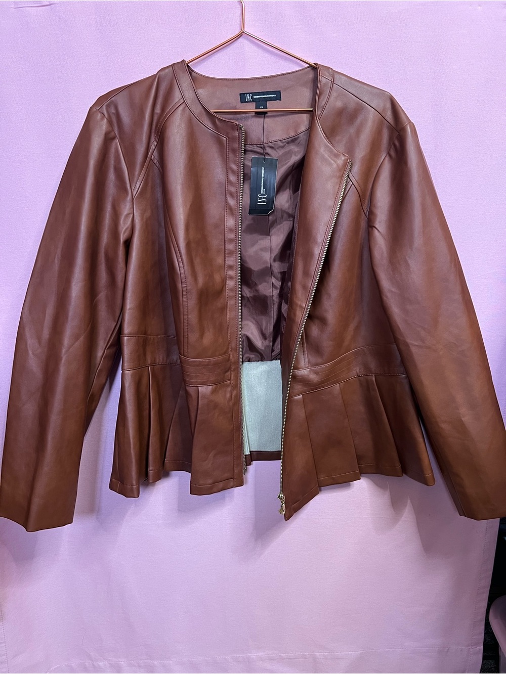 INC International Concepts Brown Faux Leather Peplum Jacket